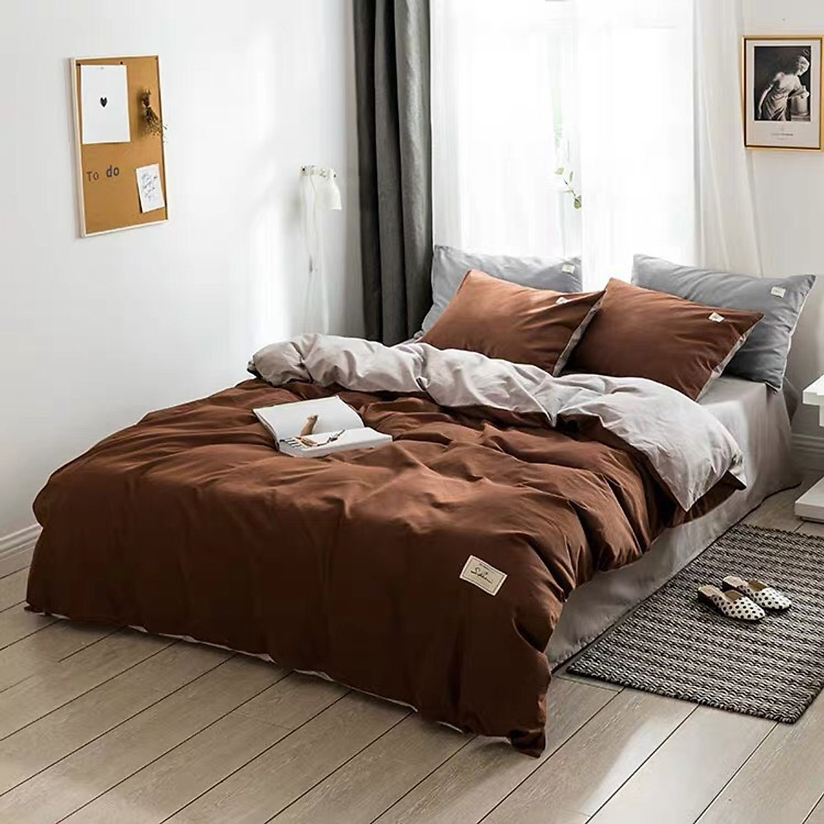 Bộ chăn ga gối cotton tici - EMMIBEDDING STORE -  mẫu new 2021 - miễn phí bo chun và làm ga phủ theo yếu cầu  - nâu ga be - kích thước khác ib