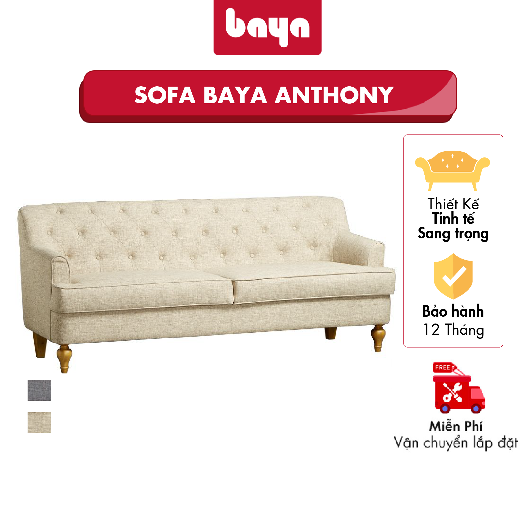 Sofa BAYA ANTHONY 4019 Ván Ép Vải Tổng Hợp Màu Be Kích Thước D83xW193xH83