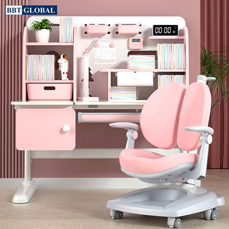 Bộ Bàn học thông minh chống gù chống cận BBT GLOBAL dài 120cm BB203-120 và Ghế Y001 (Hồng phấn) 