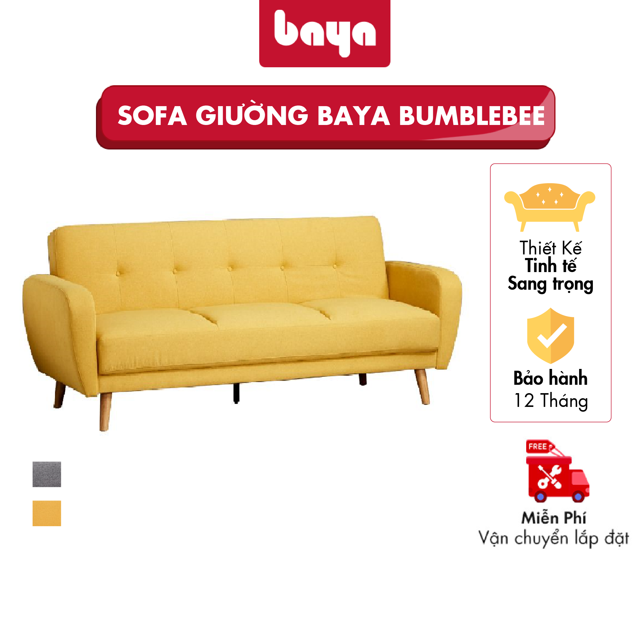 Sofa Giường BAYA BUMBLEBEE 4763 Gỗ Cao Su Vải Tổng Hợp Màu Vàng Kích Thước D86(112)xW214xH47(85)