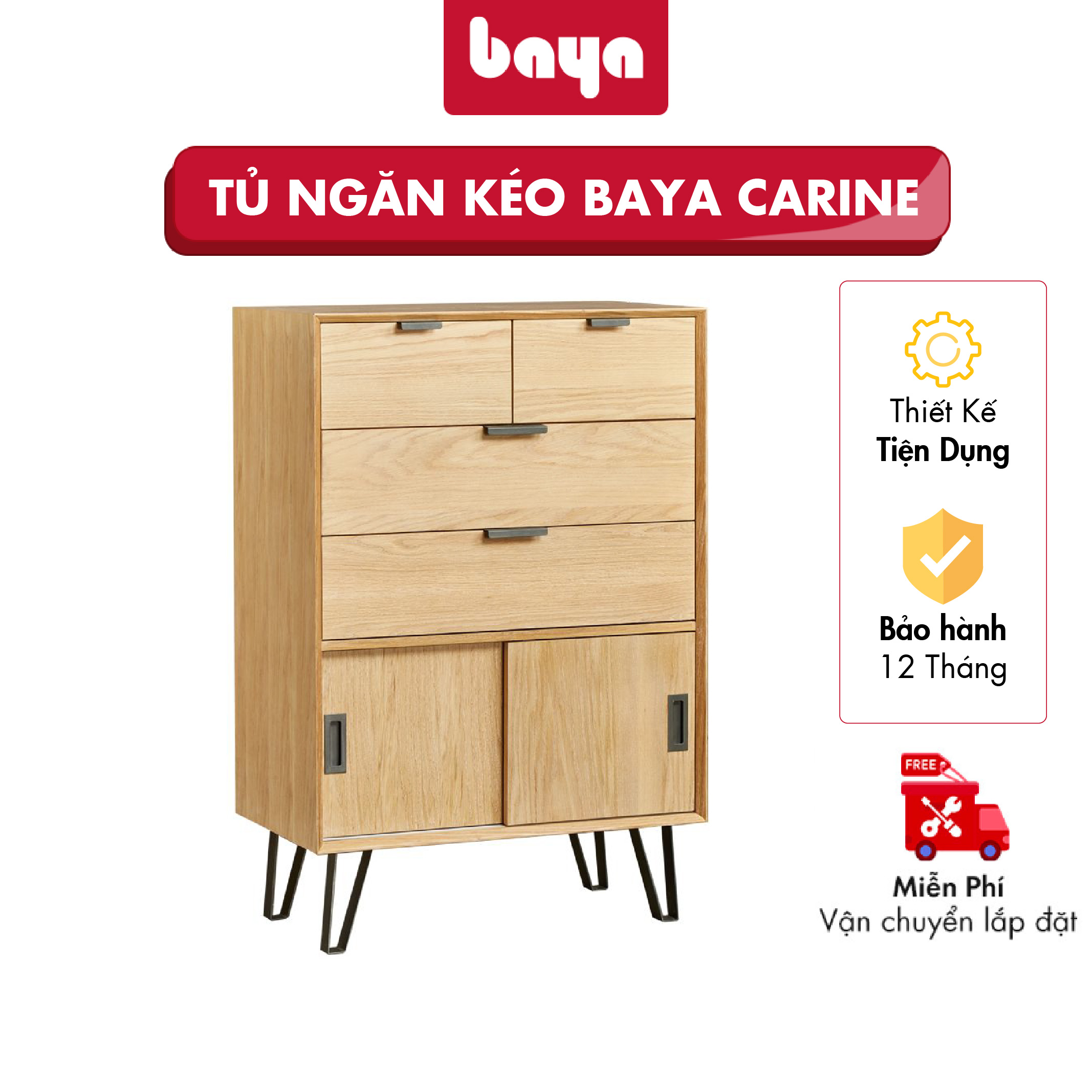 Tủ Ngăn Kéo BAYA CARINE 5275 Gỗ Sồi Kết Hợp Kim Loại Màu Gỗ Sáng Kích Thước D45xW80xH120