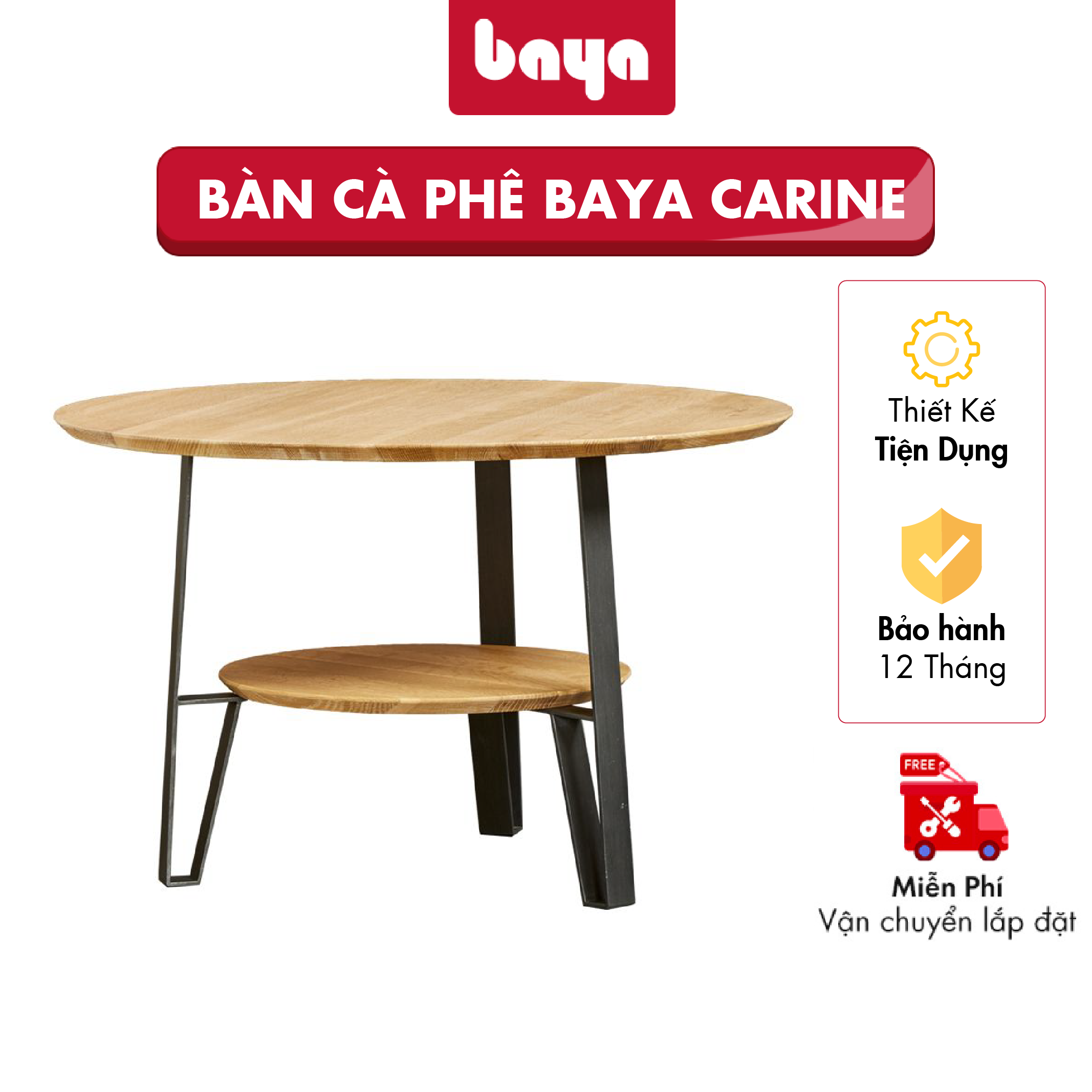 Bàn Cà Phê BAYA CARINE 5276 Gỗ Sồi MDF Kim Loại Màu Gỗ Sáng Kích Thước H50xDia80