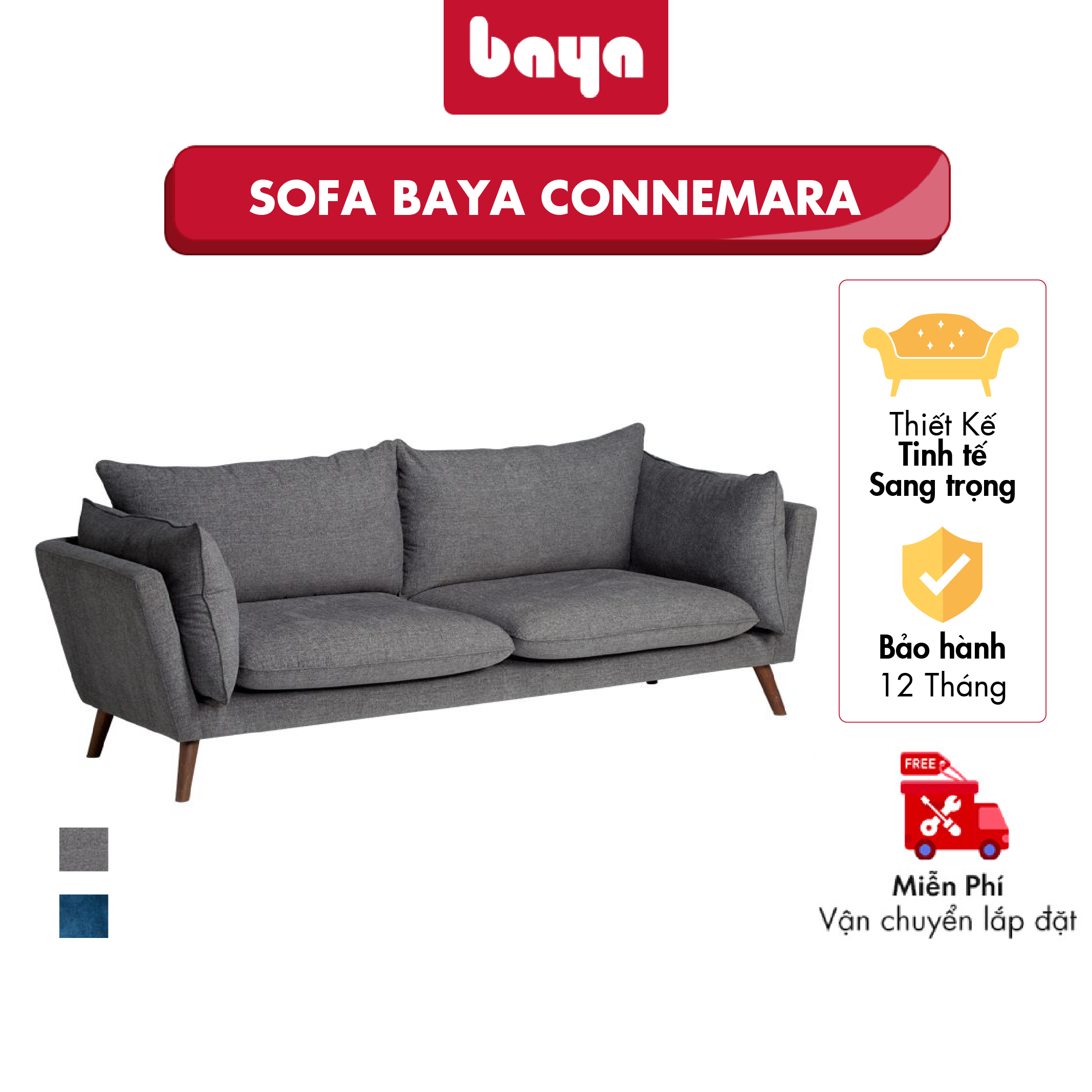 Sofa BAYA CONNEMARA 1081022 Gỗ Cao Su Vải Tổng Hợp Màu Xám Kích Thước D90xW220xH40(82)