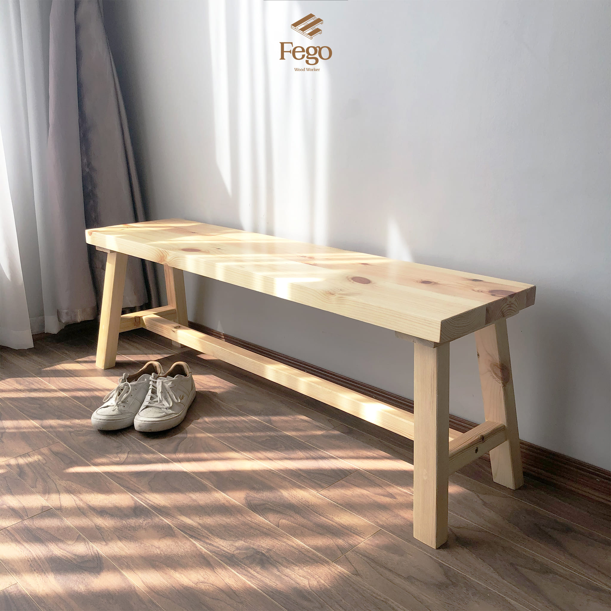Ghế băng dài FEGO bằng gỗ tự nhiên cao 45cm để ban công, hành lang đi giày