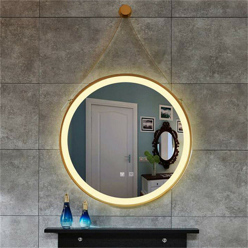Gương tròn dây da treo tường LED Vàng Tràn Viền D400