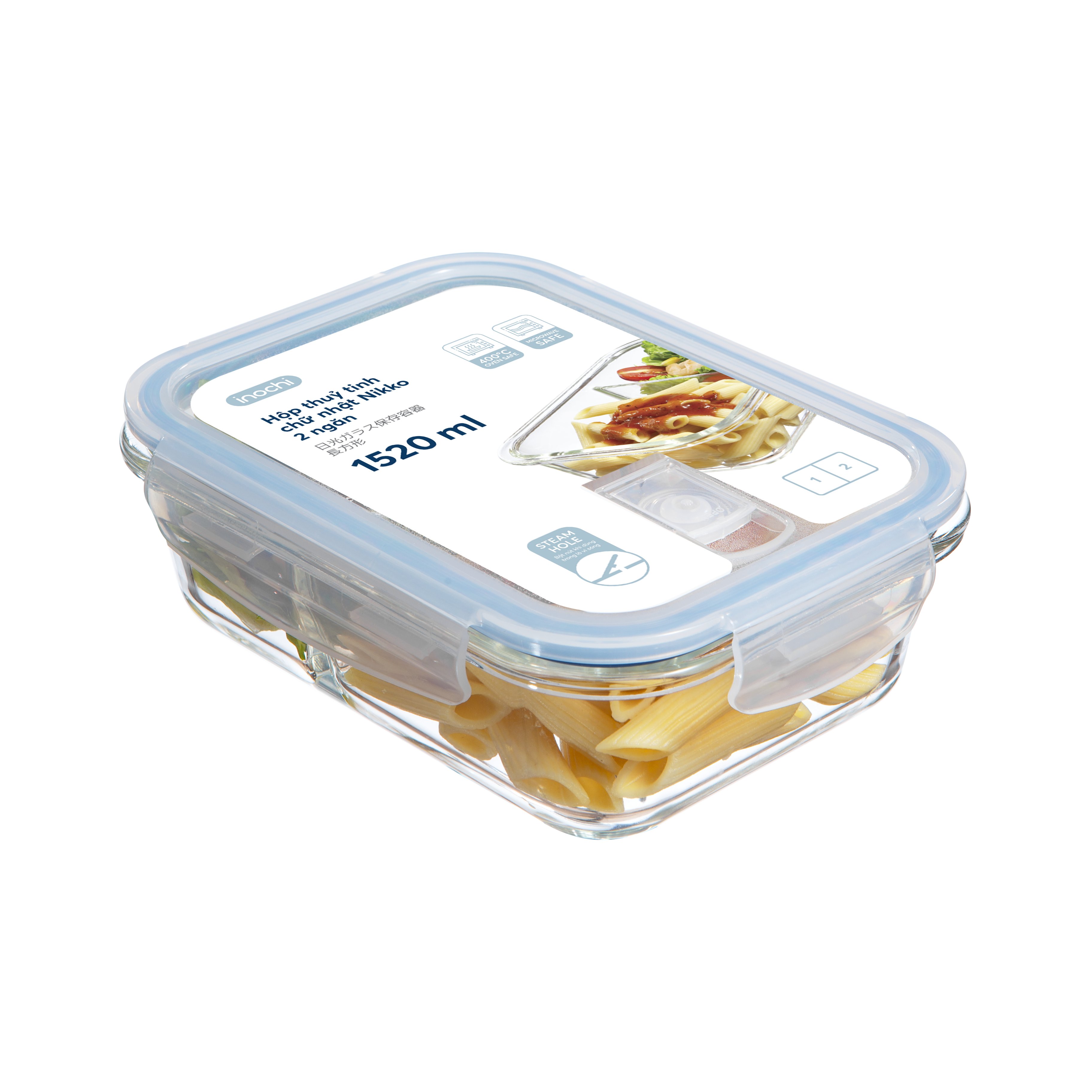 Hộp thuỷ tinh chữ nhật Nikko 1520 ml (có ngăn) - Inochi