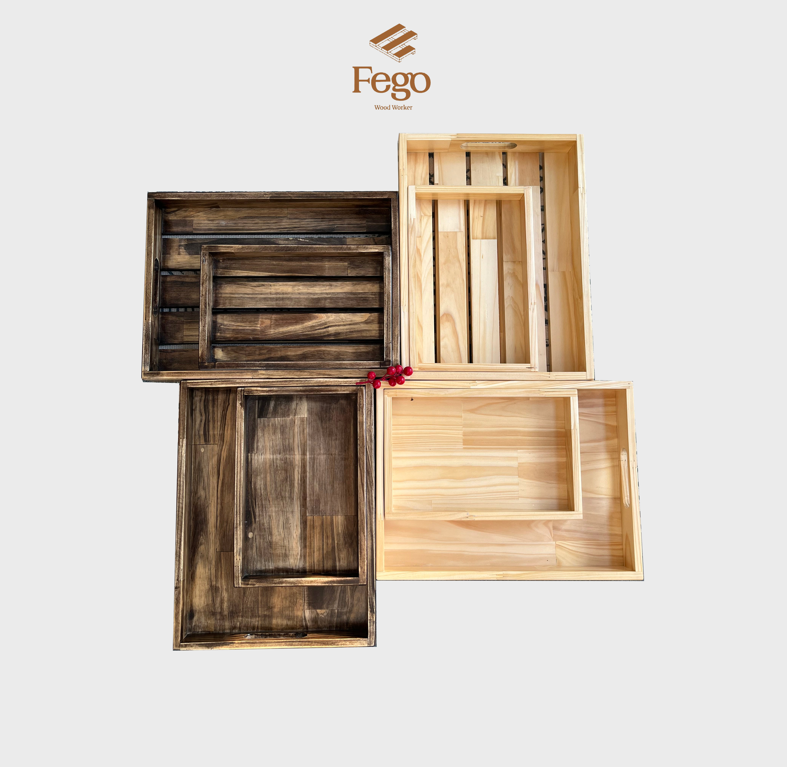 Khay gỗ thông tự nhiên FEGO có tay cầm để decor, trang trí, đựng đồ ăn, mỹ phẩm (Khay gỗ hở)