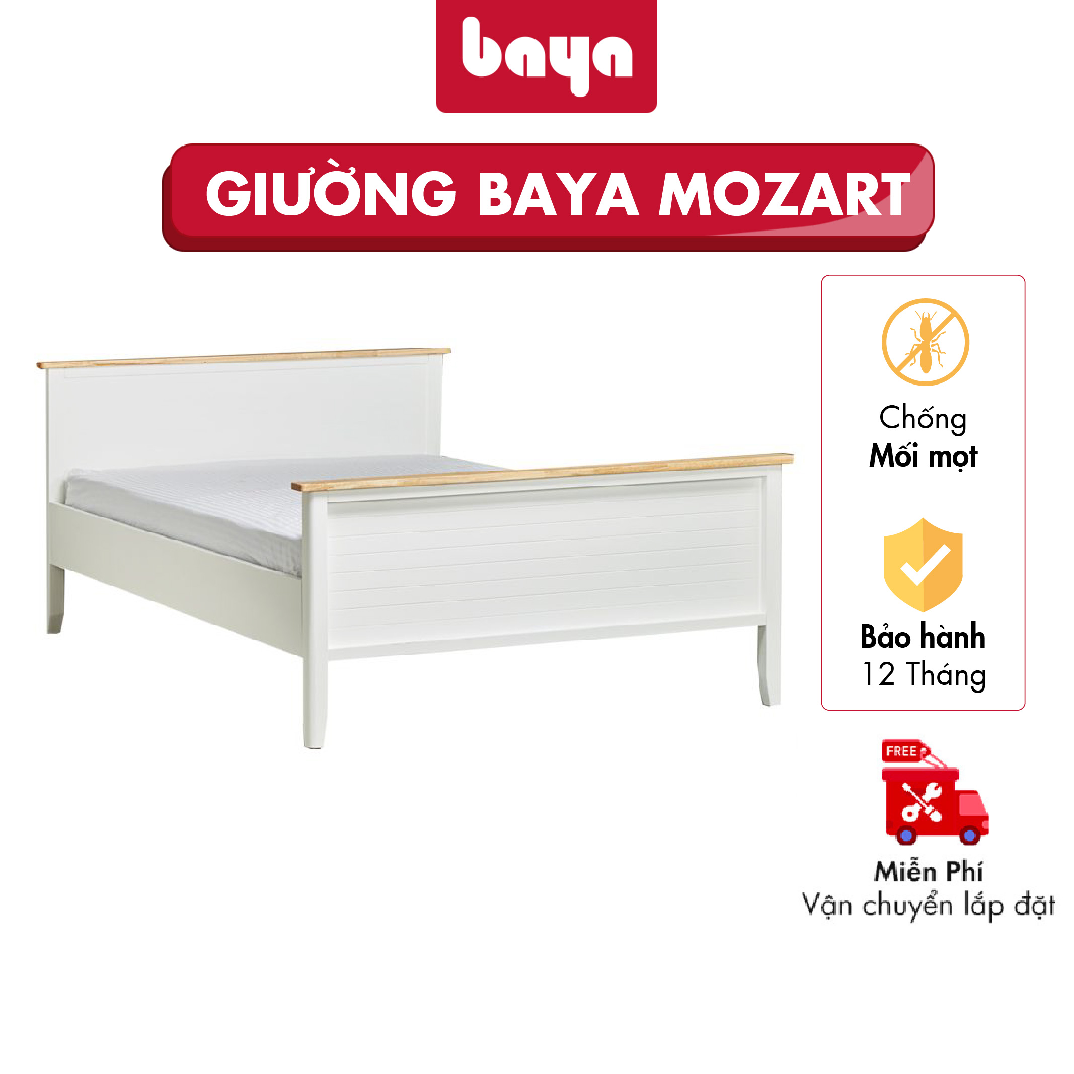 Giường ngủ BAYA MOZART Gỗ Cao Su Màu Trắng 1M2