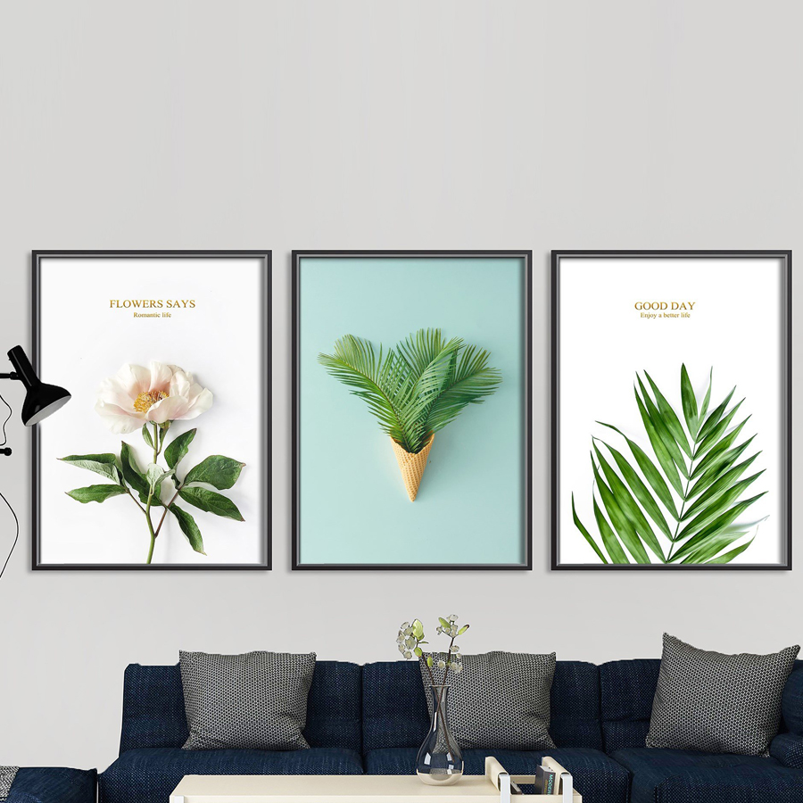 Bộ 3 tranh hoa lá, đã có khung, móc treo, kích thước 50x70cm - MS4360