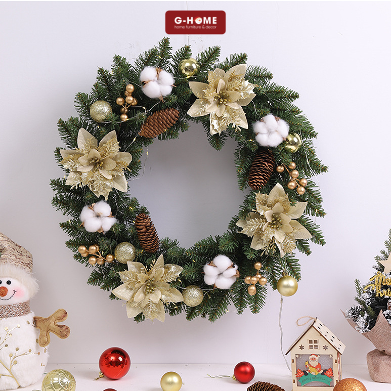 Vòng nguyệt quế trang trí Giáng sinh Ghome vòng treo mặt kính cửa ra vào decor Noel  hoa vàng đường kính 50cm NQ22 M1