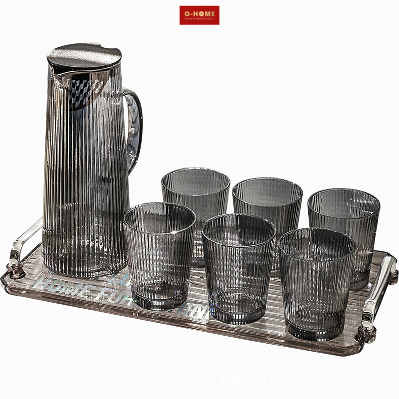 Set bình thủy tinh kèm 6 cốc GHOME Bộ bình cốc vân dọc sang trọng hiện đại dày dặn BN23 M1 (Xám) 