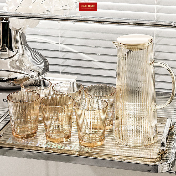 Set bình thủy tinh kèm 6 cốc GHOME Bộ bình cốc vân dọc sang trọng hiện đại dày dặn BN23 M1 (Vàng) 