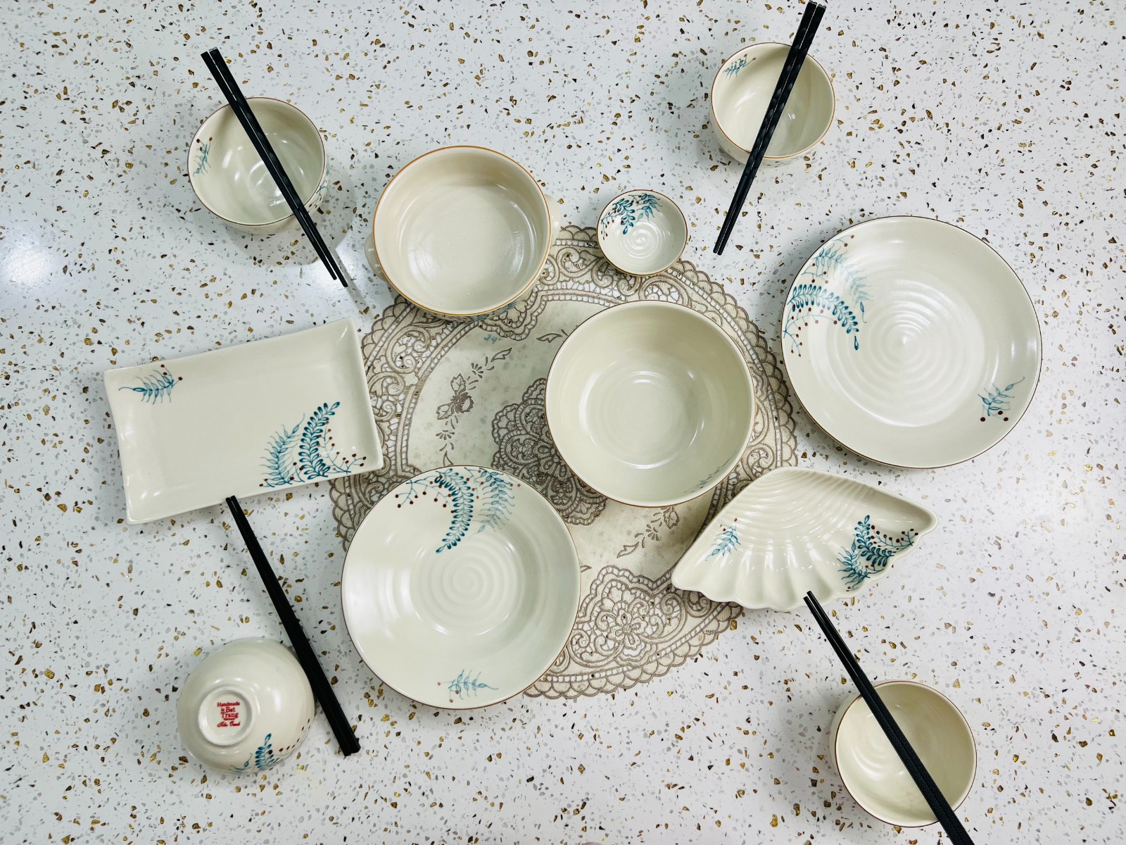Bộ bát đĩa trắng vẽ hoa xanh - Set 11 món