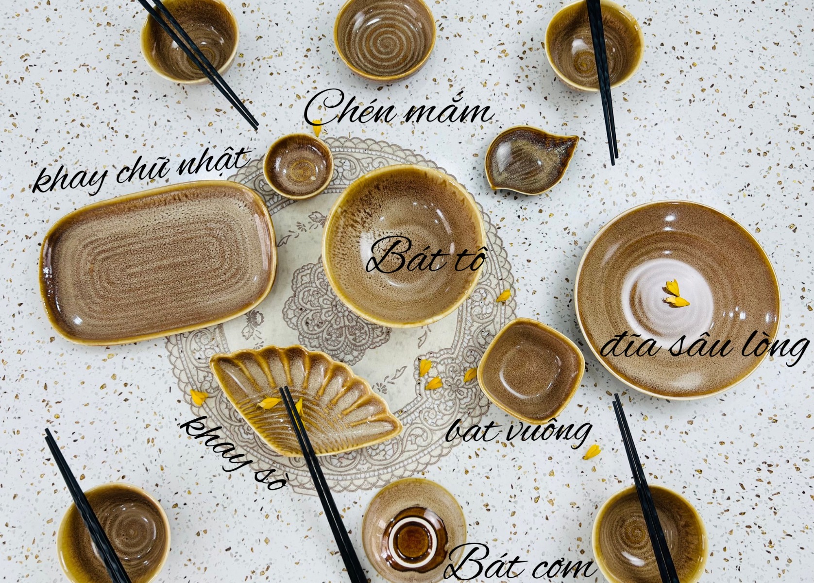 Bộ bát đĩa hỏa biến nâu - Set 13 món